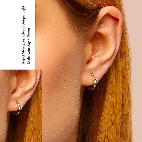 Gold Diamond Huggie Hoop Cubic Zircon Minimalist Earrings - Picture 7 of 10